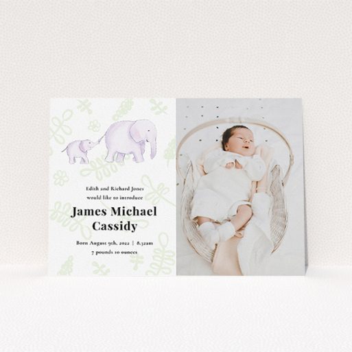 New Baby Announcement Card Design - "Gotcha by the Tail" A new baby announcement card named "Gotcha by the Tail". It is an A5 card in a landscape orientation. It is a photographic new baby announcement card with room for 1 photo. "Gotcha by the Tail" is available as a flat card, with tones of white, green and grey.