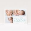 A new baby announcement card template titled "Hello Cursive". It is an A6 card in a landscape orientation. It is a photographic new baby announcement card with room for 3 photos. "Hello Cursive" is available as a flat card, with tones of white and blue.