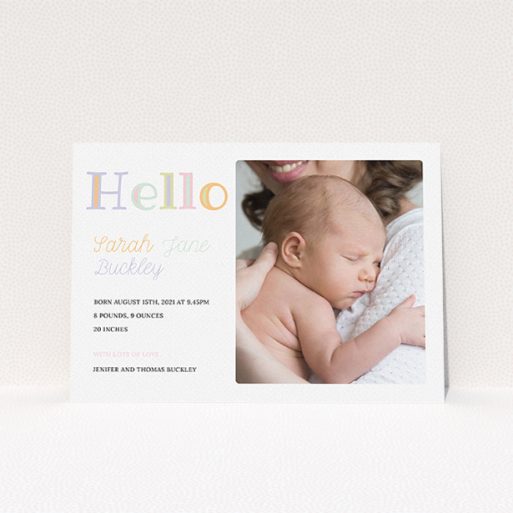 New Baby Announcement Card Design - "Hello Pastels" A new baby announcement card design called "Hello Pastels". It is an A5 card in a landscape orientation. It is a photographic new baby announcement card with room for 1 photo. "Hello Pastels" is available as a flat card, with tones of white and green.