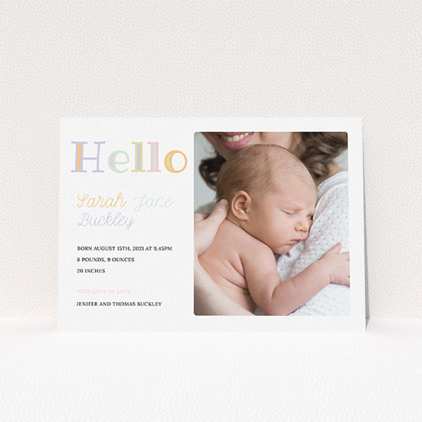 A new baby announcement card design called "Hello Pastels". It is an A5 card in a landscape orientation. It is a photographic new baby announcement card with room for 1 photo. "Hello Pastels" is available as a flat card, with tones of white and green.