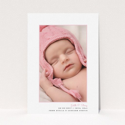 New Baby Announcement Card Design - "Little Pink Frame" A new baby announcement card design titled "Little Pink Frame". It is an A5 card in a portrait orientation. It is a photographic new baby announcement card with room for 1 photo. "Little Pink Frame" is available as a flat card, with tones of white and pink.