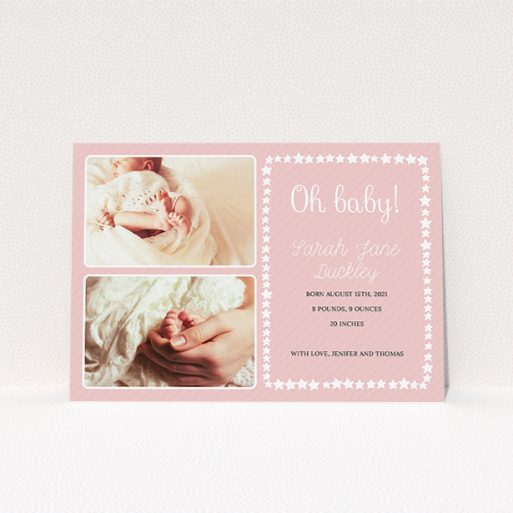 Birth Announcement Card - Oh Baby! (Baby Girl) A new baby announcement card template titled "Oh Baby!". It is an A5 card in a landscape orientation. It is a photographic new baby announcement card with room for 2 photos. "Oh Baby!" is available as a flat card, with tones of pink and white.