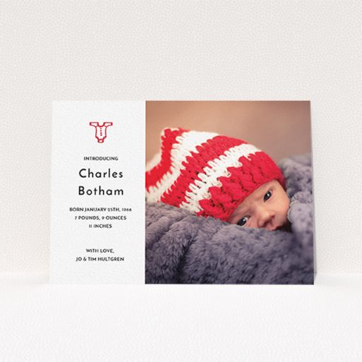 New Baby Announcement Card Design - "Onesie" A new baby announcement card named "Onesie". It is an A6 card in a landscape orientation. It is a photographic new baby announcement card with room for 1 photo. "Onesie" is available as a flat card, with tones of white and red.