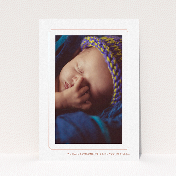 A new baby announcement card design named "Pink notch Frame". It is an A5 card in a portrait orientation. It is a photographic new baby announcement card with room for 1 photo. "Pink notch Frame" is available as a flat card, with tones of white and pink.