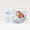 A new baby announcement card called "Polar Picture". It is an A5 card in a landscape orientation. It is a photographic new baby announcement card with room for 1 photo. "Polar Picture" is available as a flat card, with mainly white colouring.