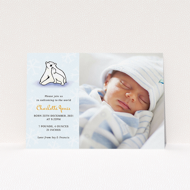 A new baby announcement card called "Polar Picture". It is an A5 card in a landscape orientation. It is a photographic new baby announcement card with room for 1 photo. "Polar Picture" is available as a flat card, with mainly white colouring.