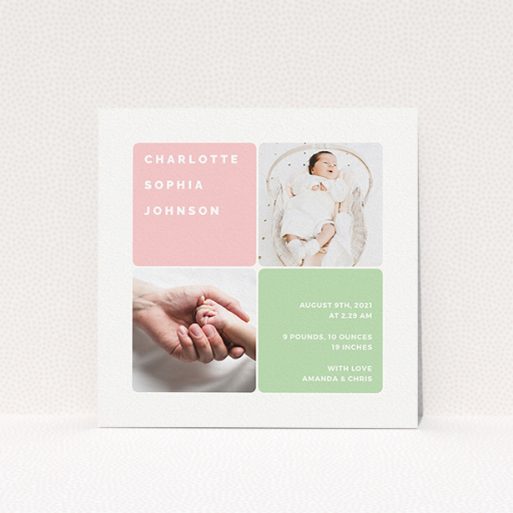 Birth Announcement Card - Rounded Corners (Baby Girl) A new baby announcement card design called "Rounded Corners". It is a square (148mm x 148mm) card in a square orientation. It is a photographic new baby announcement card with room for 2 photos. "Rounded Corners" is available as a flat card, with tones of green and light pink.