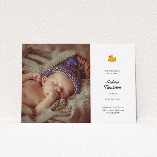 New Baby Announcement Card Design - "Rubber Ducky Motif" A new baby announcement card design called "Rubber Ducky Motif". It is an A5 card in a landscape orientation. It is a photographic new baby announcement card with room for 1 photo. "Rubber Ducky Motif" is available as a flat card, with tones of white and yellow.