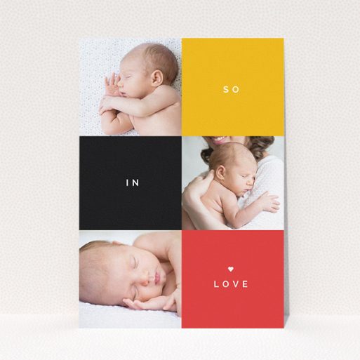 New Baby Announcement Card Design - "Side-to-Side" A new baby announcement card named "Side-to-Side". It is an A5 card in a portrait orientation. It is a photographic new baby announcement card with room for 3 photos. "Side-to-Side" is available as a flat card, with tones of black, red and yellow.