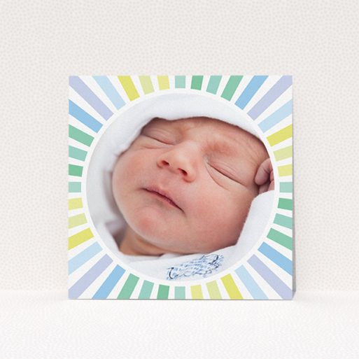 Baby Birth Announcement Card - Sun Centre (Baby-Boy) A new baby announcement card design named "Sun Centre". It is a square (148mm x 148mm) card in a square orientation. It is a photographic new baby announcement card with room for 1 photo. "Sun Centre" is available as a flat card, with mainly light blue colouring.