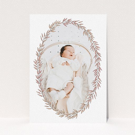 Birth Announcement Card - Tussled Wreath (Baby-Girl) A new baby announcement card design titled "Tussled Wreath". It is an A6 card in a portrait orientation. It is a photographic new baby announcement card with room for 1 photo. "Tussled Wreath" is available as a flat card, with tones of pink and white.