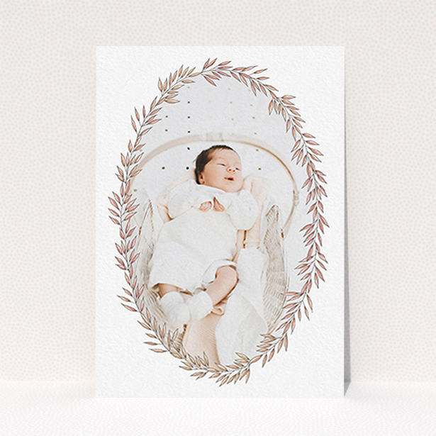 A new baby announcement card design titled "Tussled Wreath". It is an A6 card in a portrait orientation. It is a photographic new baby announcement card with room for 1 photo. "Tussled Wreath" is available as a flat card, with tones of pink and white.