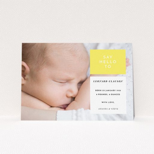 New Baby Announcement Card Design - "Two Frames" A new baby announcement card template titled "Two Frames". It is an A5 card in a landscape orientation. It is a photographic new baby announcement card with room for 1 photo. "Two Frames" is available as a flat card, with tones of yellow and white.