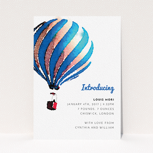 A new baby announcement card design titled "Up-and-away blue". It is an A6 card in a portrait orientation. "Up-and-away blue" is available as a flat card, with tones of blue and white.