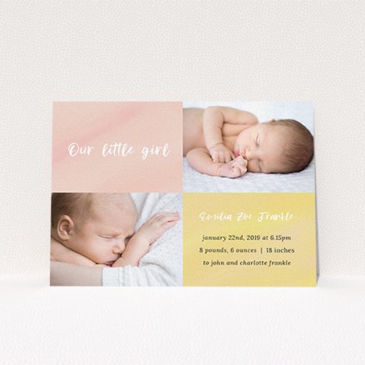 Birth Announcement Card - Watercolour Corners (Baby Girl) A new baby announcement card design titled "Watercolour Corners". It is an A6 card in a landscape orientation. It is a photographic new baby announcement card with room for 2 photos. "Watercolour Corners" is available as a flat card, with tones of yellow and purple.