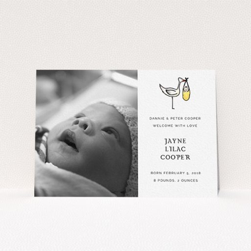 New Baby Announcement Card Design - "Watercolour Stork" A new baby announcement card template titled "Watercolour Stork". It is an A6 card in a landscape orientation. It is a photographic new baby announcement card with room for 1 photo. "Watercolour Stork" is available as a flat card, with tones of black and white.