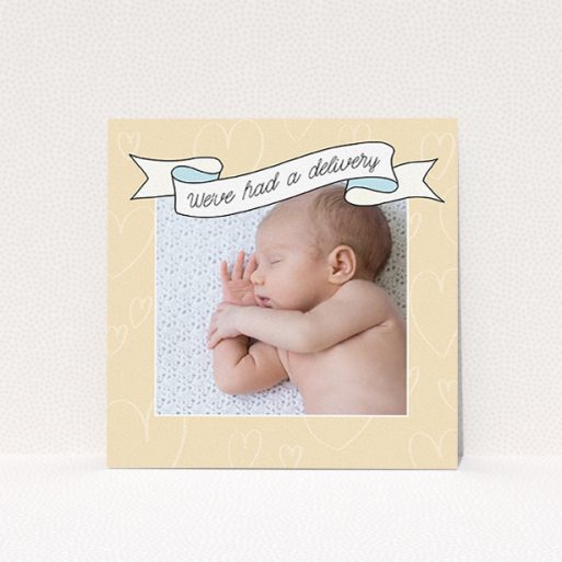 Birth Announcement Card - Written Above (Baby-Boy) A new baby announcement card named "Written Above". It is a square (148mm x 148mm) card in a square orientation. It is a photographic new baby announcement card with room for 1 photo. "Written Above" is available as a flat card, with tones of faded yellow and light blue.