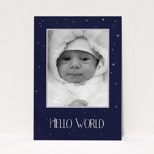 New Baby Announcement Card Design - "Written in the Stars" A new baby announcement card named "Written in the Stars". It is an A6 card in a portrait orientation. It is a photographic new baby announcement card with room for 1 photo. "Written in the Stars" is available as a flat card, with tones of navy blue and white.