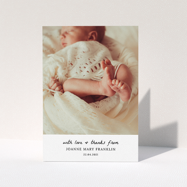 A new baby thank you card called "Black and White Thanks". It is an A5 card in a portrait orientation. It is a photographic new baby thank you card with room for 1 photo. "Black and White Thanks" is available as a folded card, with mainly white colouring.
