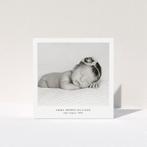 New Baby Thank You Card Design - "Blenheim Palace" A new baby thank you card design titled "Blenheim Palace". It is a square (148mm x 148mm) card in a square orientation. It is a photographic new baby thank you card with room for 1 photo. "Blenheim Palace" is available as a folded card, with mainly white colouring.