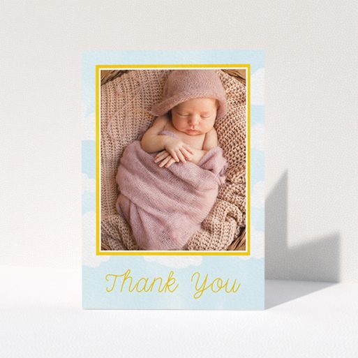 New Baby Thank You Card Design - "Blue Skies" A new baby thank you card named "Blue Skies". It is an A6 card in a portrait orientation. It is a photographic new baby thank you card with room for 1 photo. "Blue Skies" is available as a folded card, with tones of blue and yellow.