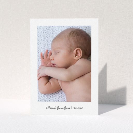 New Baby Thank You Card Design - "Classic Thank You with Photo" A new baby thank you card named "Classic Thank You with Photo". It is an A5 card in a portrait orientation. It is a photographic new baby thank you card with room for 1 photo. "Classic Thank You with Photo" is available as a folded card, with mainly white colouring.