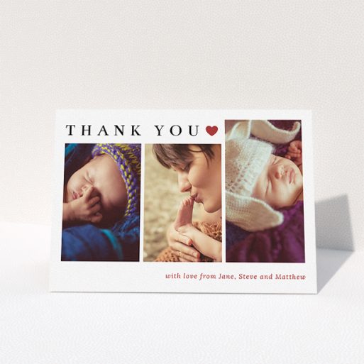 New Baby Thank You Card Design - "Simply Thanks" A new baby thank you card design named "Simply Thanks". It is an A5 card in a landscape orientation. It is a photographic new baby thank you card with room for 3 photos. "Simply Thanks" is available as a folded card, with tones of white and red.