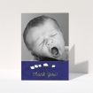 A new baby thank you card called "Sleepy Time". It is an A6 card in a portrait orientation. It is a photographic new baby thank you card with room for 1 photo. "Sleepy Time" is available as a folded card, with tones of navy blue and white.