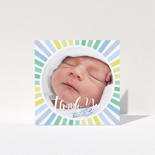 Thank You Card - Sun Centre (Baby Boy) A new baby thank you card design called "Sun Centre". It is a square (148mm x 148mm) card in a square orientation. It is a photographic new baby thank you card with room for 1 photo. "Sun Centre" is available as a folded card, with mainly light blue colouring.
