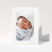 A new baby thank you card named "Thin Pink". It is an A6 card in a portrait orientation. It is a photographic new baby thank you card with room for 1 photo. "Thin Pink" is available as a folded card, with tones of white and pink.