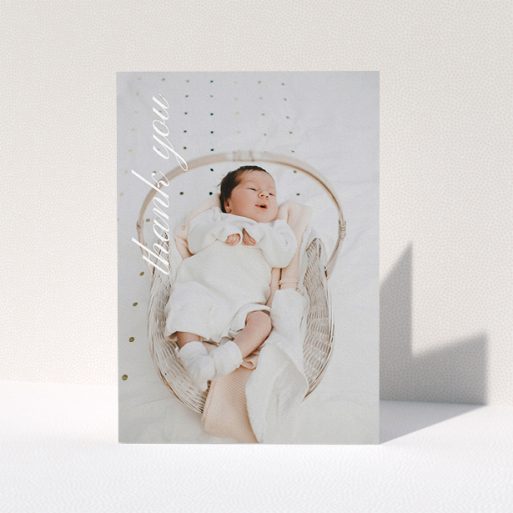 New Baby Thank You Card Design - "Up the Side" A new baby thank you card design called "Up the Side". It is an A5 card in a portrait orientation. It is a photographic new baby thank you card with room for 1 photo. "Up the Side" is available as a folded card, with mainly white colouring.
