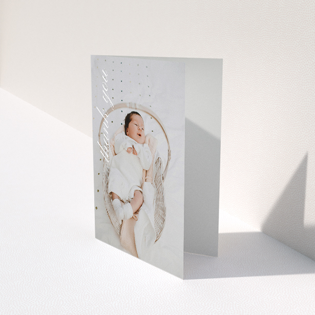 A new baby thank you card design called "Up the Side". It is an A5 card in a portrait orientation. It is a photographic new baby thank you card with room for 1 photo. "Up the Side" is available as a folded card, with mainly white colouring.