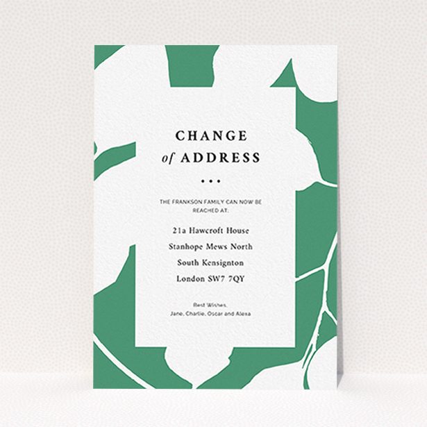 A new home card design called "Bold Green Floral". It is an A6 card in a portrait orientation. "Bold Green Floral" is available as a flat card, with tones of green and white.