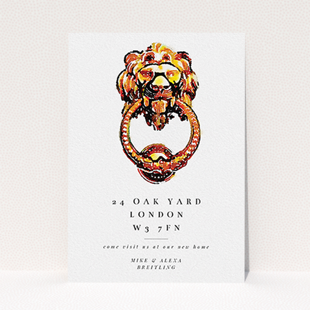 A new home card named "Brass Knocker". It is an A6 card in a portrait orientation. "Brass Knocker" is available as a flat card, with tones of gold and white.