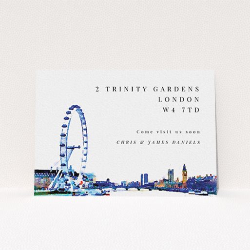 New Home Card Design - "Cast and Eye" A new home card template titled "Cast and Eye". It is an A6 card in a landscape orientation. "Cast and Eye" is available as a flat card, with mainly blue colouring.