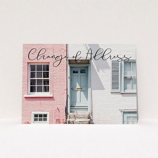 New Home Card Design - "Cursive Topper" A new home card template titled "Cursive Topper". It is an A6 card in a landscape orientation. It is a photographic new home card with room for 1 photo. "Cursive Topper" is available as a flat card, with mainly black colouring.