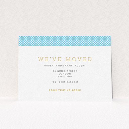 New Home Card Design - "De Scales Blue" A new home card design called "De Scales Blue". It is an A6 card in a landscape orientation. "De Scales Blue" is available as a flat card, with tones of blue and white.