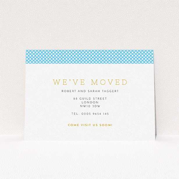 A new home card design called "De Scales Blue". It is an A6 card in a landscape orientation. "De Scales Blue" is available as a flat card, with tones of blue and white.