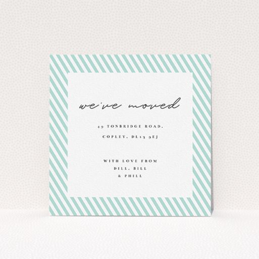 New Home Card Design - "Mint Diagonals" A new home card design titled "Mint Diagonals". It is a square (148mm x 148mm) card in a square orientation. "Mint Diagonals" is available as a flat card, with tones of green and white.
