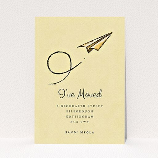 New Home Card Design - "Off & Away" A new home card template titled "Off & Away". It is an A6 card in a portrait orientation. "Off & Away" is available as a flat card, with mainly dark cream colouring.