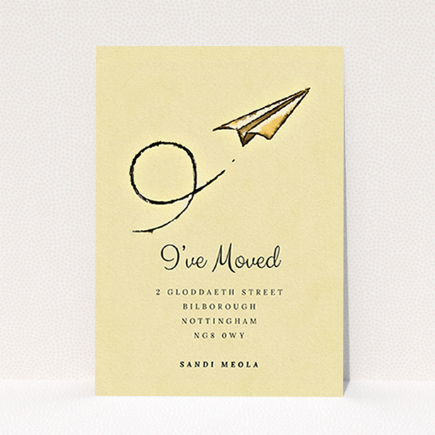 A new home card template titled "Off & Away". It is an A6 card in a portrait orientation. "Off & Away" is available as a flat card, with mainly dark cream colouring.