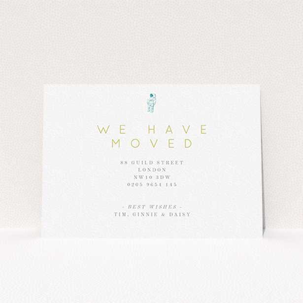 A new home card design named "One Small Step". It is an A6 card in a landscape orientation. "One Small Step" is available as a flat card, with tones of white and green.