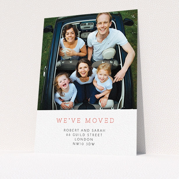 A new home card design titled "Our House". It is an A6 card in a portrait orientation. It is a photographic new home card with room for 1 photo. "Our House" is available as a flat card, with tones of white and red.