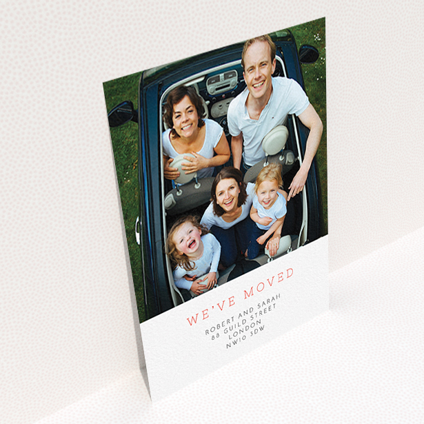A new home card design titled "Our House". It is an A6 card in a portrait orientation. It is a photographic new home card with room for 1 photo. "Our House" is available as a flat card, with tones of white and red.