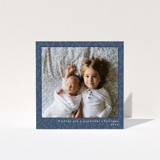 Personalised Christmas Card Design - "Baby, Its Cold Outside" A personalised christmas card design titled "Baby, Its Cold Outside". It is a square (148mm x 148mm) card in a square orientation. It is a photographic personalised christmas card with room for 1 photo. "Baby, Its Cold Outside" is available as a folded card, with mainly blue colouring.