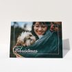 A personalised christmas card named "Border Overlay". It is an A6 card in a landscape orientation. It is a photographic personalised christmas card with room for 1 photo. "Border Overlay" is available as a folded card, with mainly light pink colouring.
