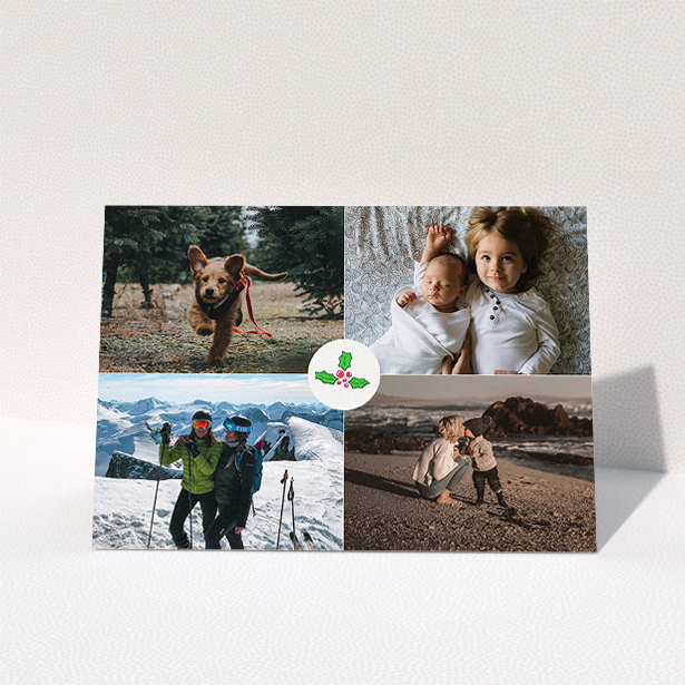 A personalised christmas card design titled "Centrepiece". It is an A5 card in a landscape orientation. It is a photographic personalised christmas card with room for 4 photos. "Centrepiece" is available as a folded card, with tones of white and green.
