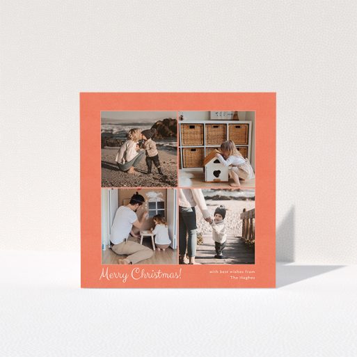 Personalised Christmas Card Design - "Clementine Christmas Card" A personalised christmas card design called "Clementine Christmas Card". It is a square (148mm x 148mm) card in a square orientation. It is a photographic personalised christmas card with room for 4 photos. "Clementine Christmas Card" is available as a folded card, with tones of red and white.