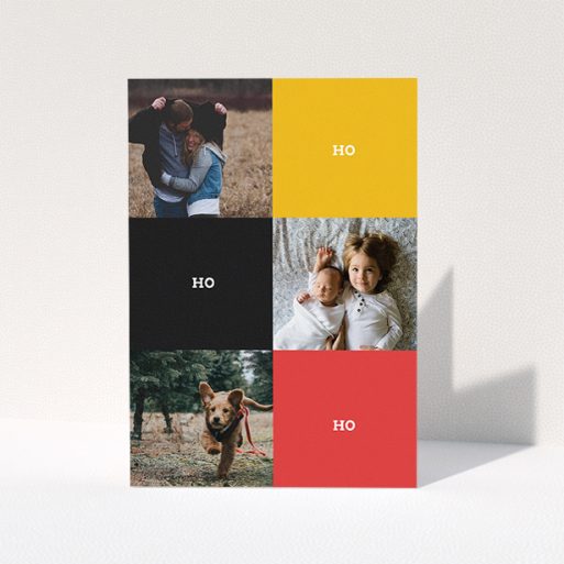 Personalised Christmas Card Design - "Contemporary Christmas" A personalised christmas card template titled "Contemporary Christmas". It is an A5 card in a portrait orientation. It is a photographic personalised christmas card with room for 3 photos. "Contemporary Christmas" is available as a folded card, with tones of black, red and yellow.