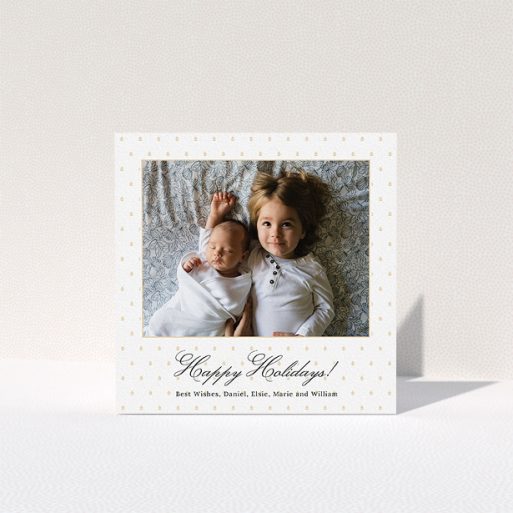 Personalised Christmas Card Design - "Elegant Gold Decoration" A personalised christmas card called "Elegant Gold Decoration". It is a square (148mm x 148mm) card in a square orientation. It is a photographic personalised christmas card with room for 1 photo. "Elegant Gold Decoration" is available as a folded card, with mainly gold colouring.